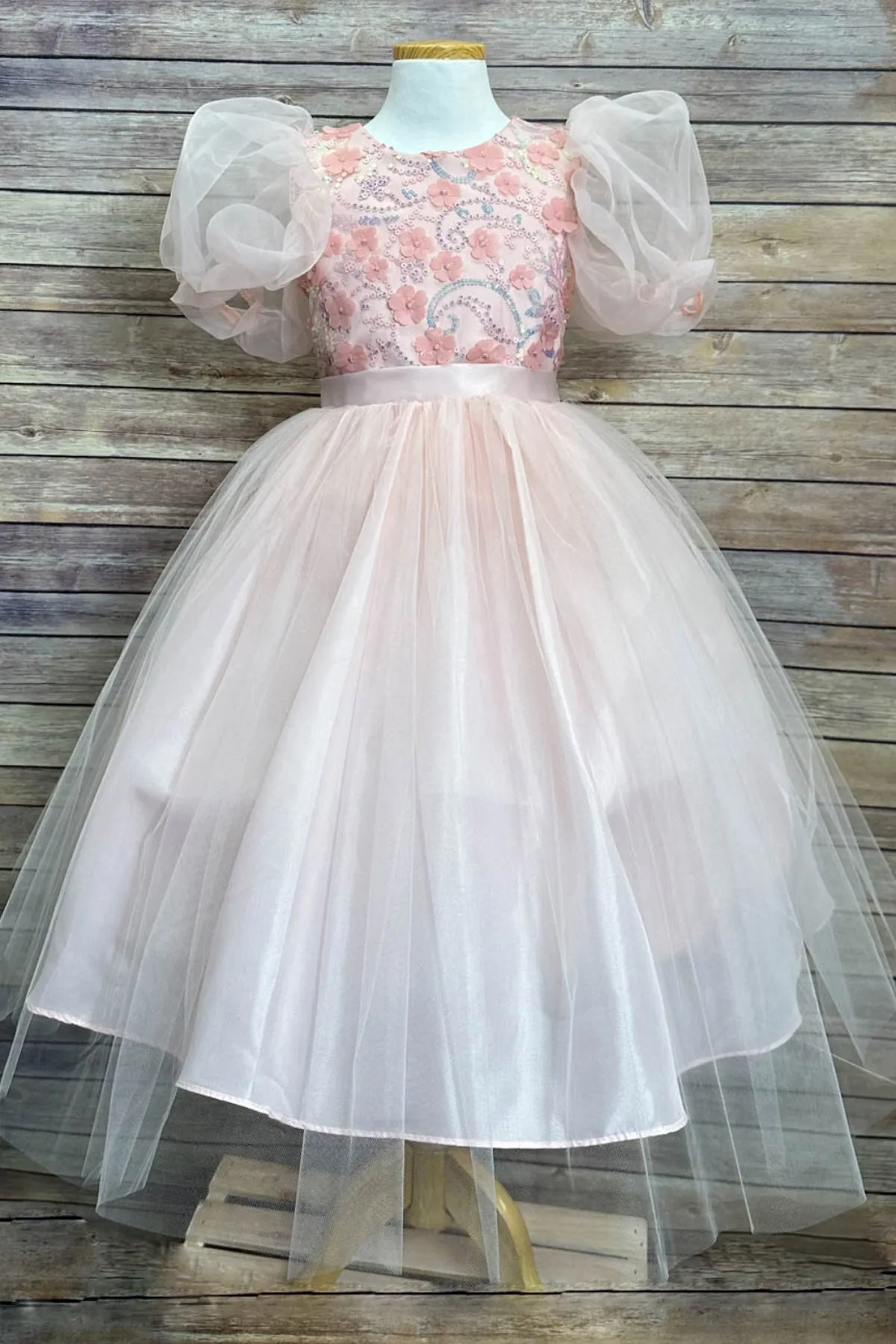 Vivian Sequin & Tulle Girls Dress with Organza Bubble Sleeves