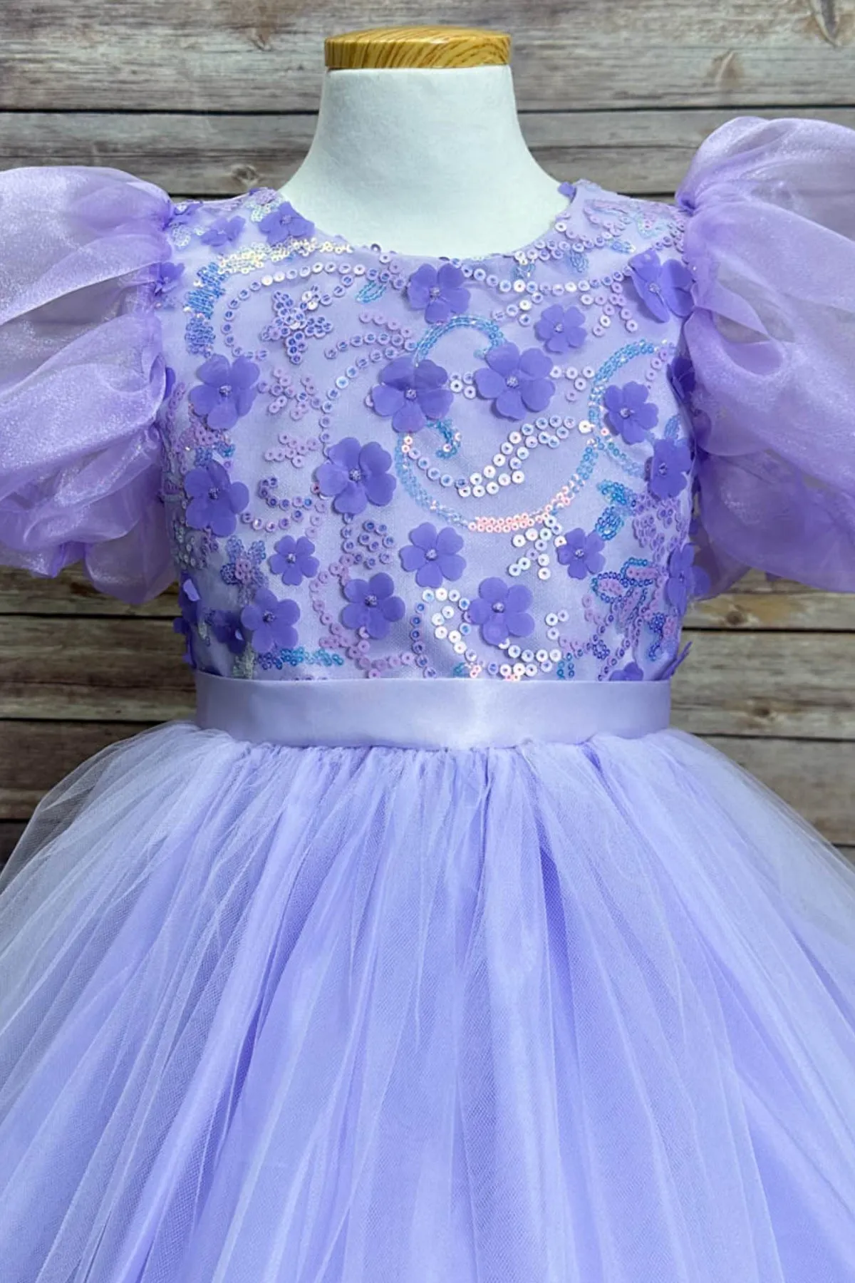 Vivian Sequin & Tulle Girls Dress with Organza Bubble Sleeves