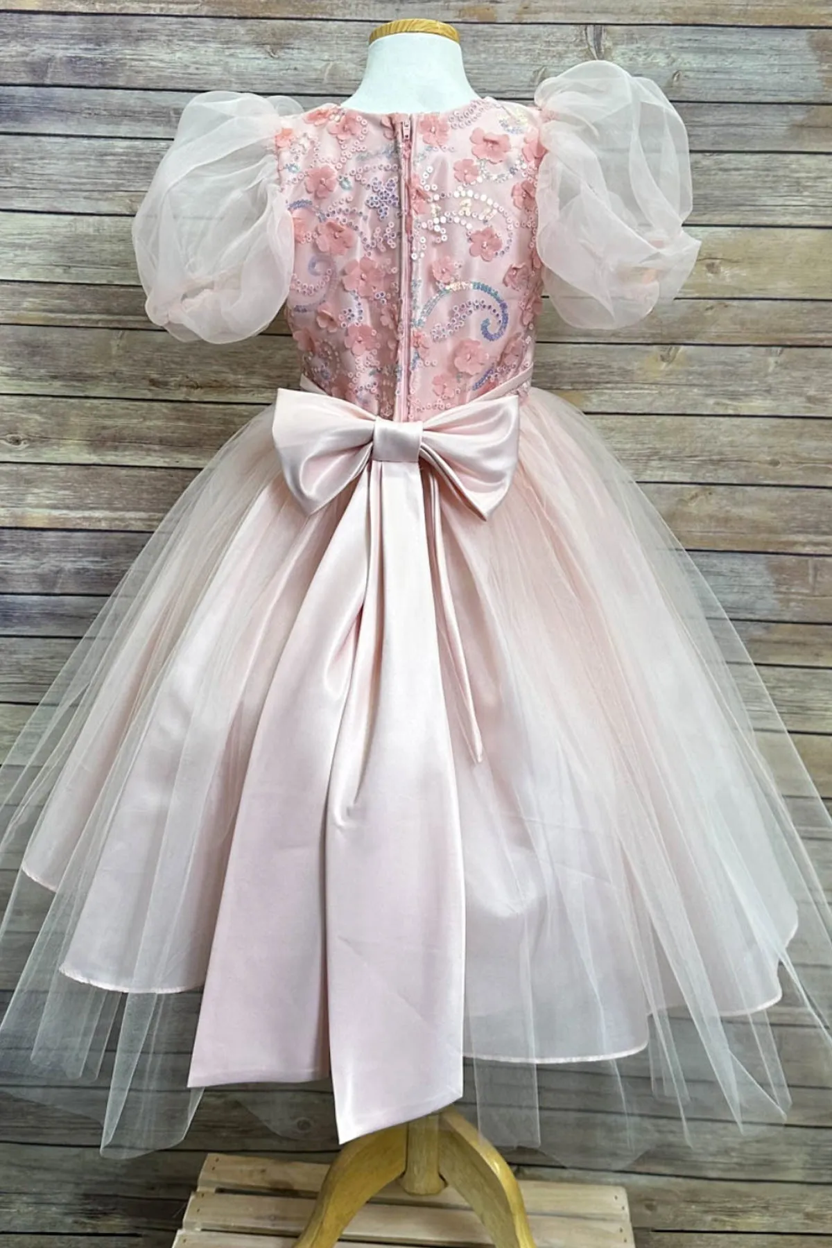 Vivian Sequin & Tulle Girls Dress with Organza Bubble Sleeves