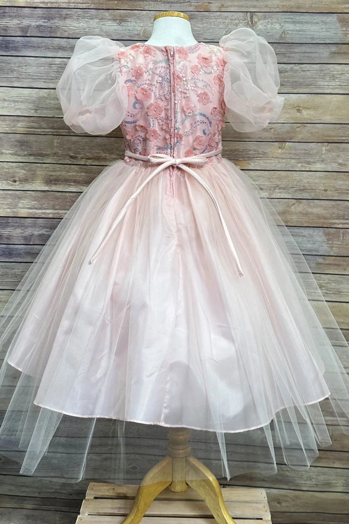 Vivian Sequin & Tulle Girls Dress with Organza Bubble Sleeves