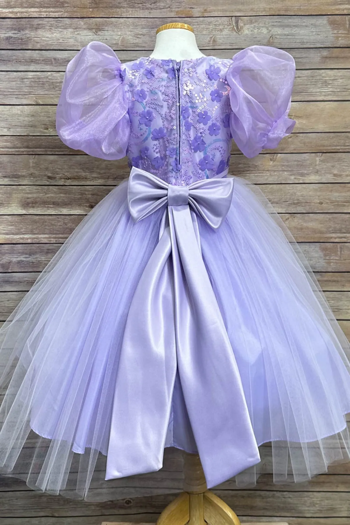 Vivian Sequin & Tulle Girls Dress with Organza Bubble Sleeves