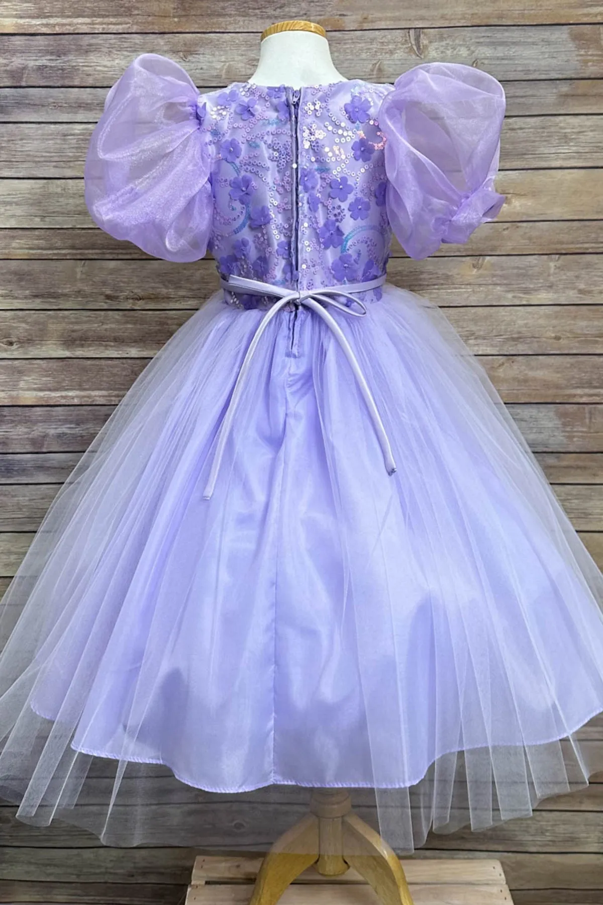 Vivian Sequin & Tulle Girls Dress with Organza Bubble Sleeves