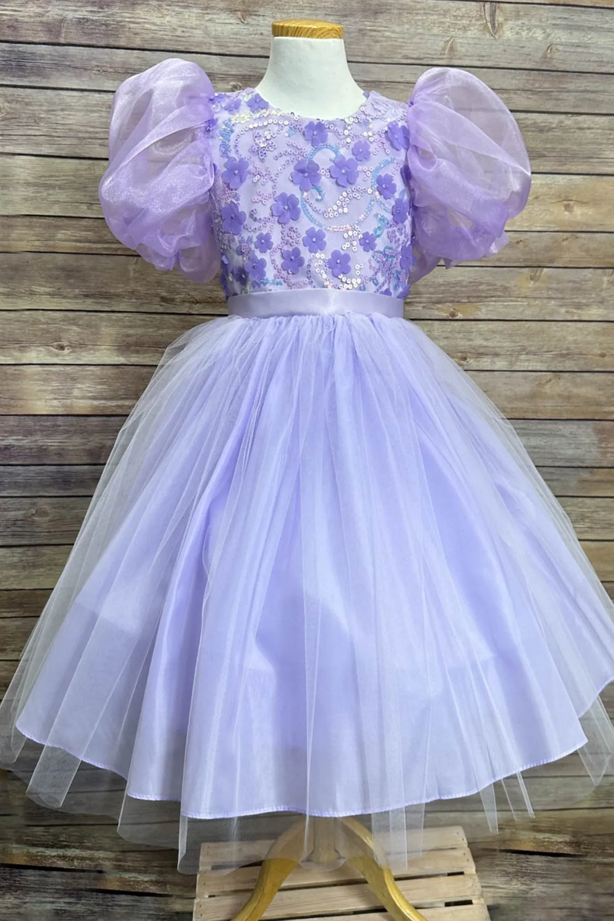 Vivian Sequin & Tulle Girls Dress with Organza Bubble Sleeves