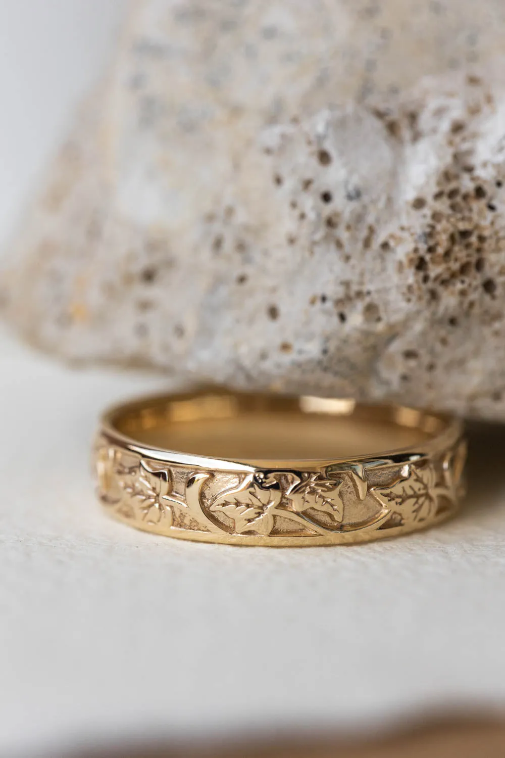 Wedding bands set for couple: gold ivy leaves ring