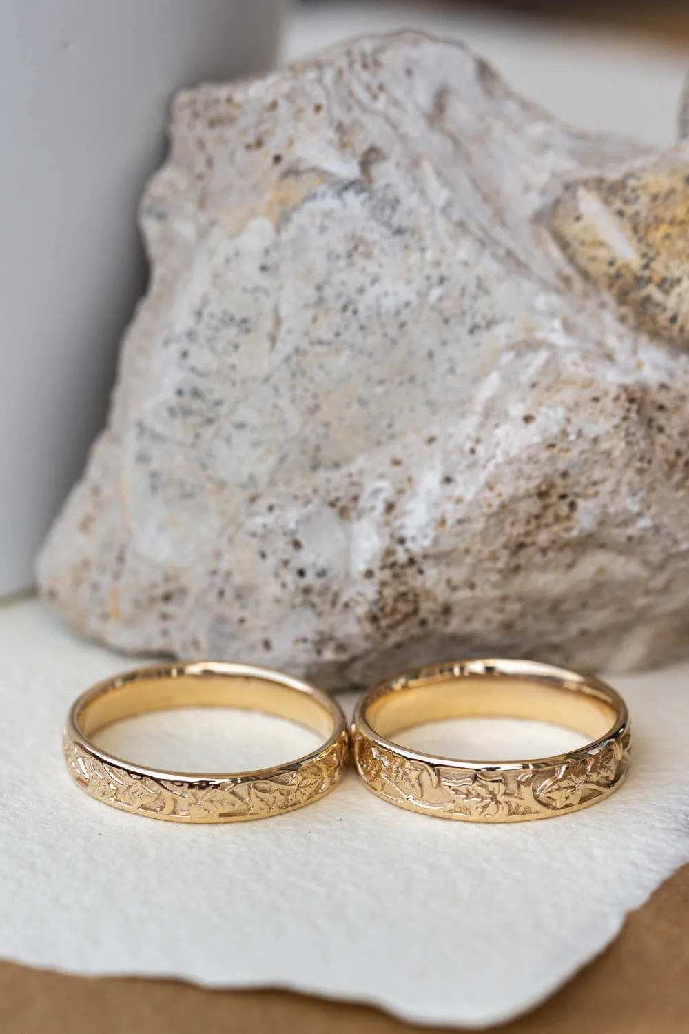 Wedding bands set for couple: gold ivy leaves ring