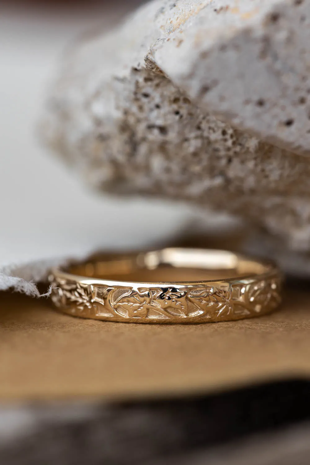 Wedding bands set for couple: gold ivy leaves ring