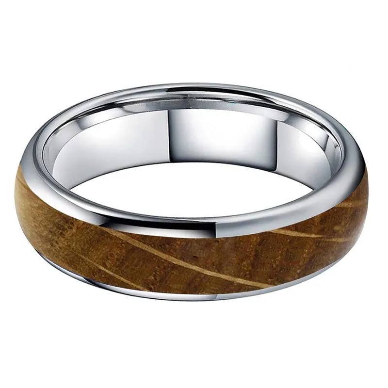 Whiskey Barrel Oak & Silver Tungsten Dome Ring (6mm)