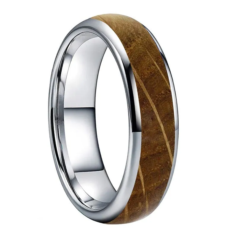 Whiskey Barrel Oak & Silver Tungsten Dome Ring (6mm)