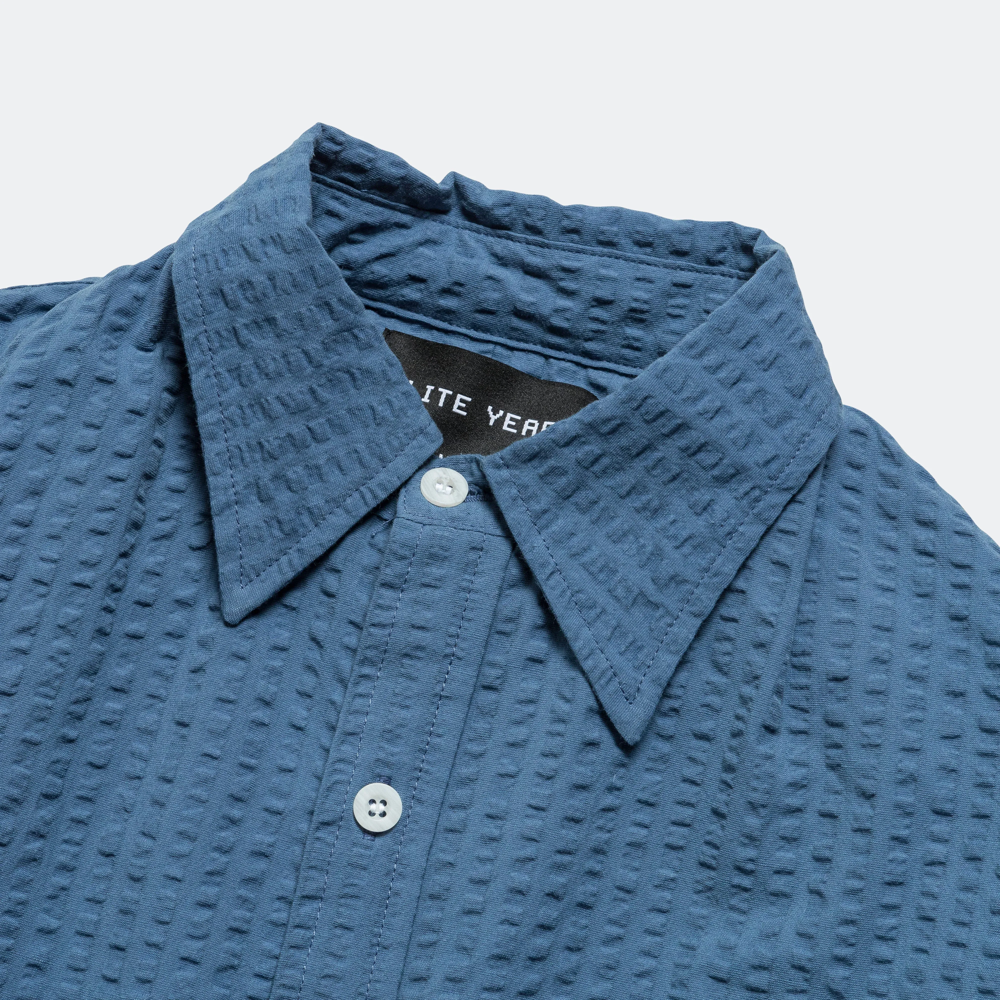 Wide Seersucker Button Up Shirt - Washed Blue