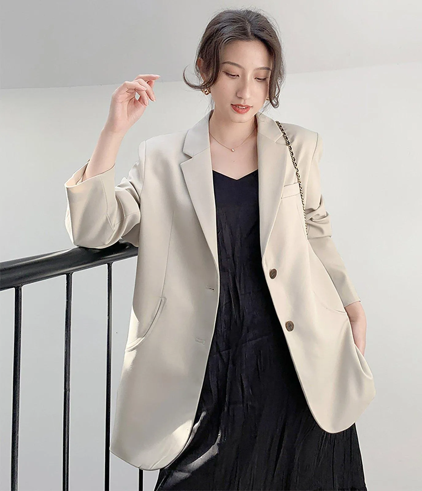 Women's Beige Oversize Blazer Shoulder pad Suit,Cotton blend Coat loose casual Suit Jacket,Office Lady Classic Style Blazer Coat,Fall Coat