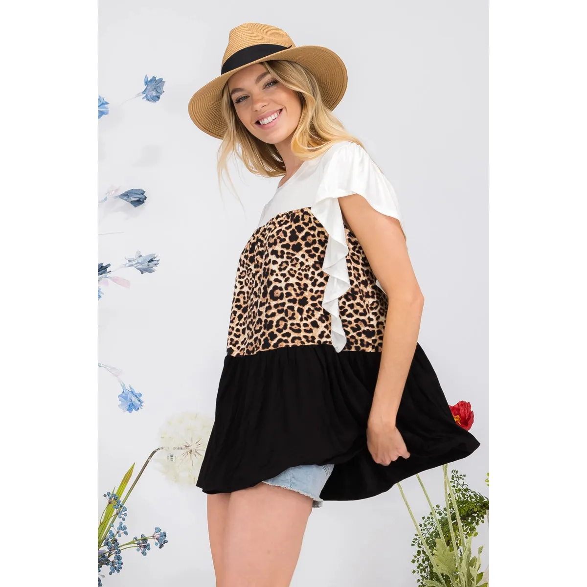 Women's Wing Sleeve Tiered Leopard Contrast Top